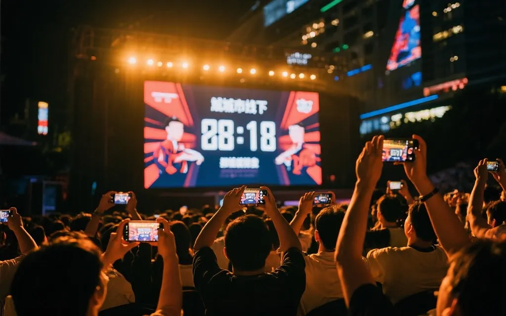 线下观赛会现场，巨幕播放比赛前倒计时，观众举起手机记录